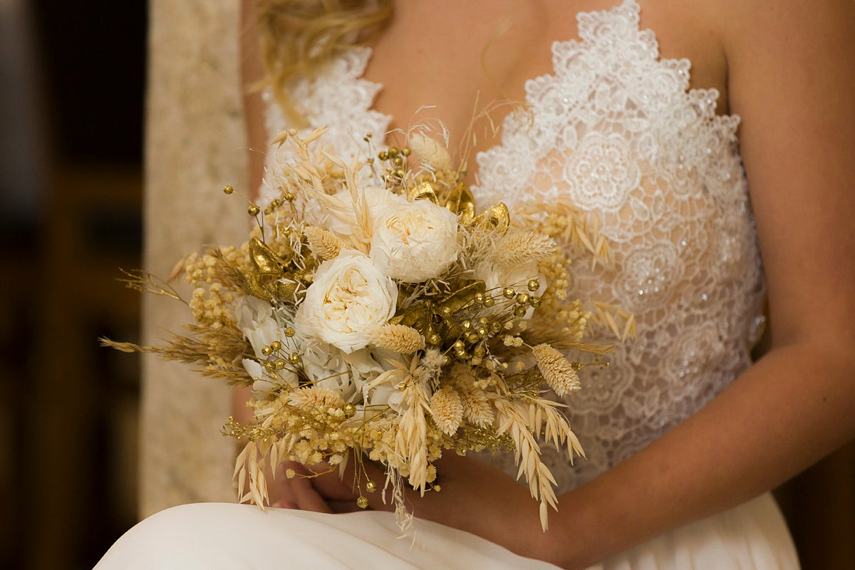 Trockenblumen Brautstrauß Hochzeit goldene echte Blumen