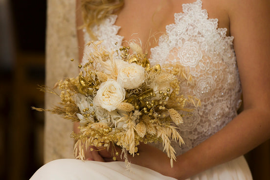 Trockenblumen Brautstrauß Hochzeit goldene echte Blumen