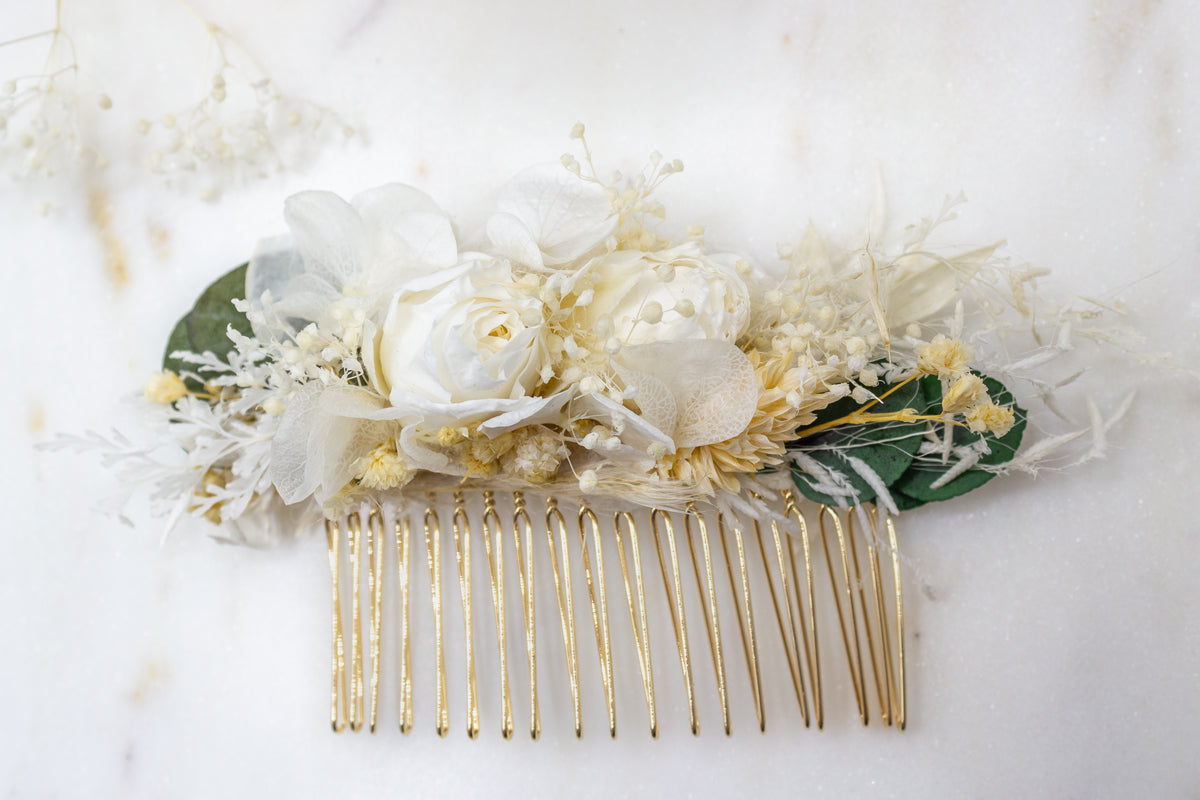 Handgefertigter Trockenblumen Haarkamm Hochzeit Haarschmuck weiß