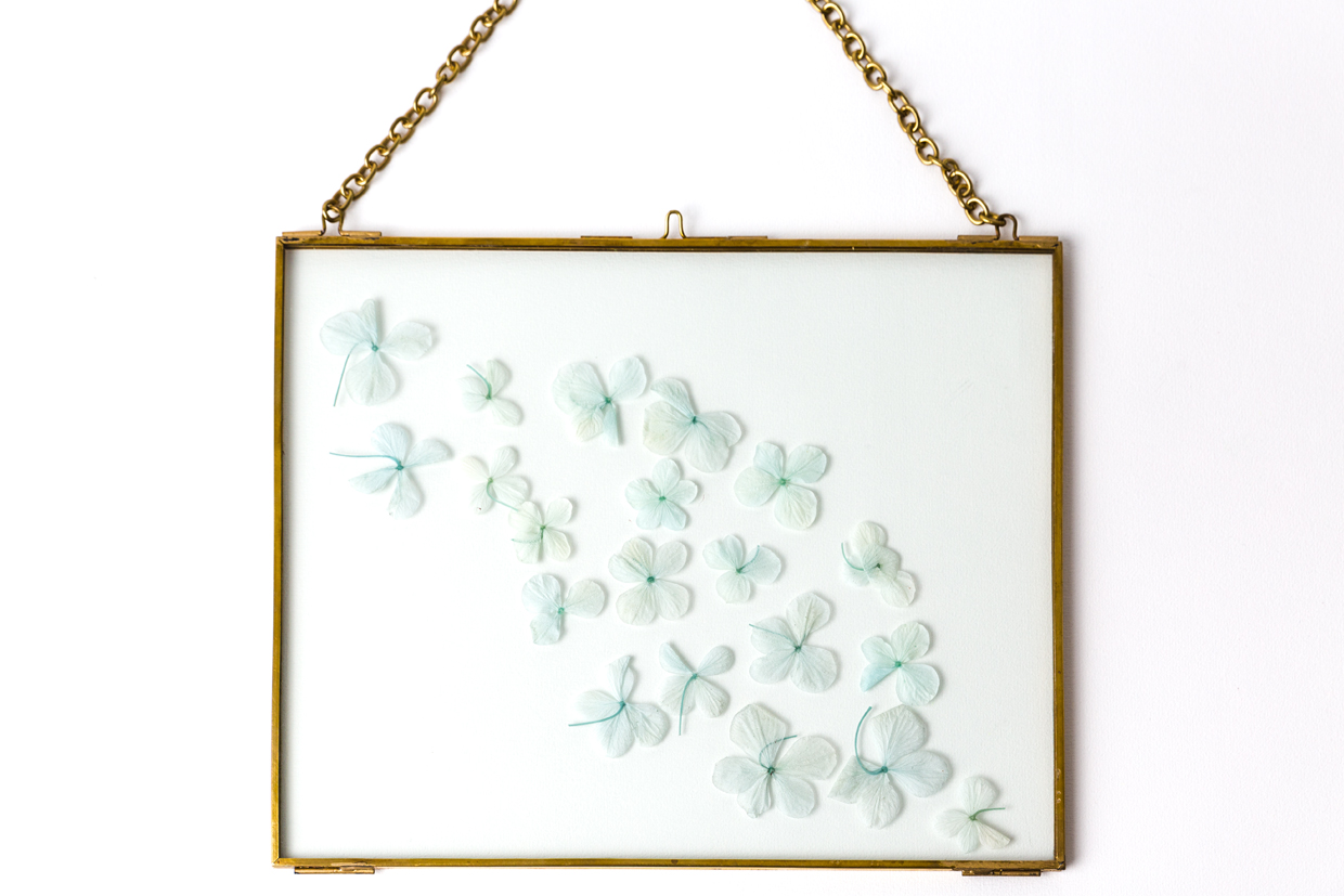 messing bild aus glas mit echten hortensien blüten in blau als dekoration für zuhause